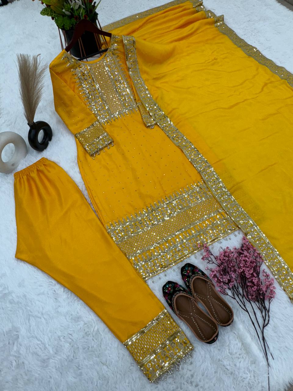 New Collection Heavy Chinon Silk Top-Bottom And Dupatta Set Fully Stitched Ready To Wear