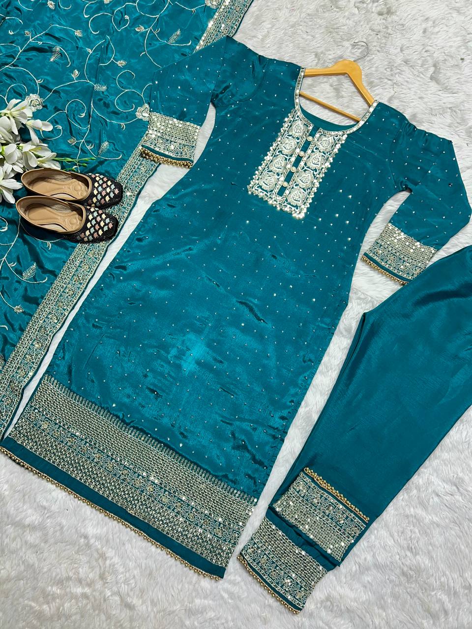 New Designer Long Pakistani Suit Top Pant and Dupptta In Fancy Style