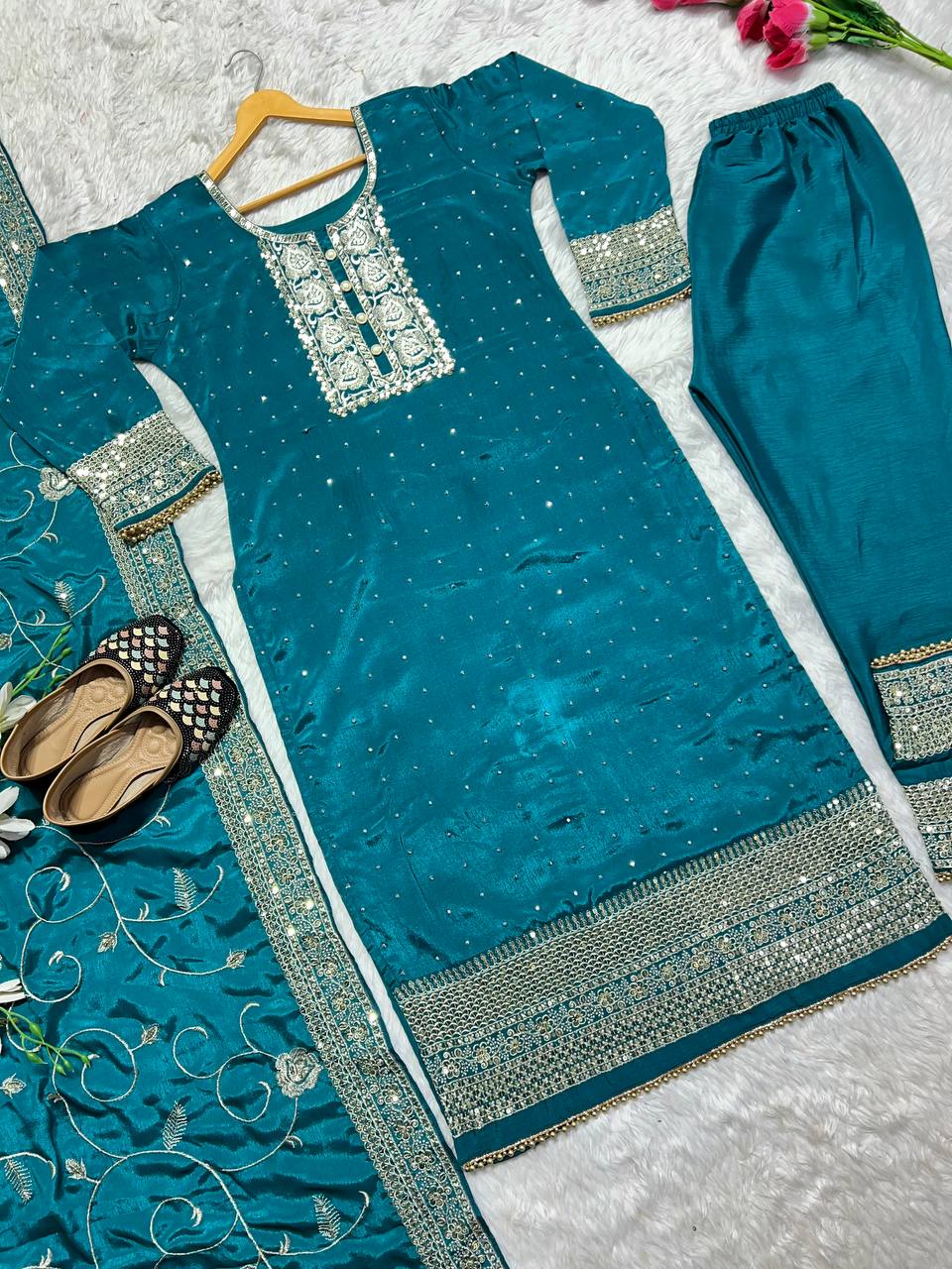 New Designer Long Pakistani Suit Top Pant and Dupptta In Fancy Style