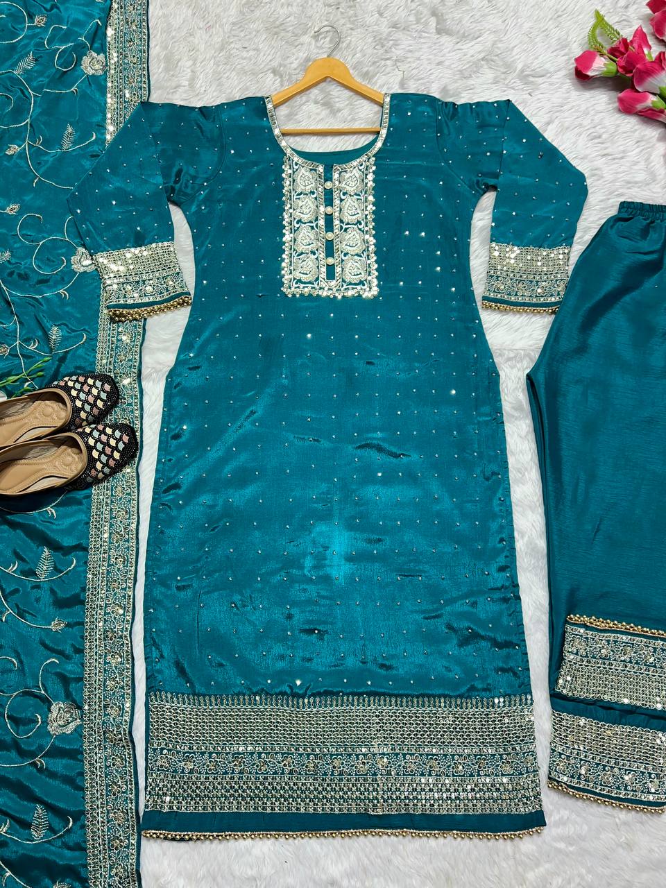 New Designer Long Pakistani Suit Top Pant and Dupptta In Fancy Style