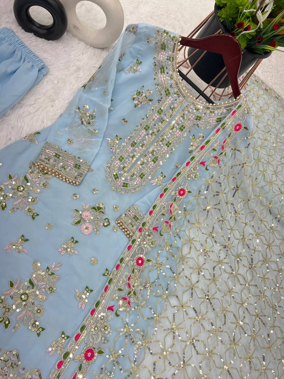 New Heavy Embroidery Sequence Work Top Gharara And Dupatta Set Fully Stitched Ready To Wear Collection