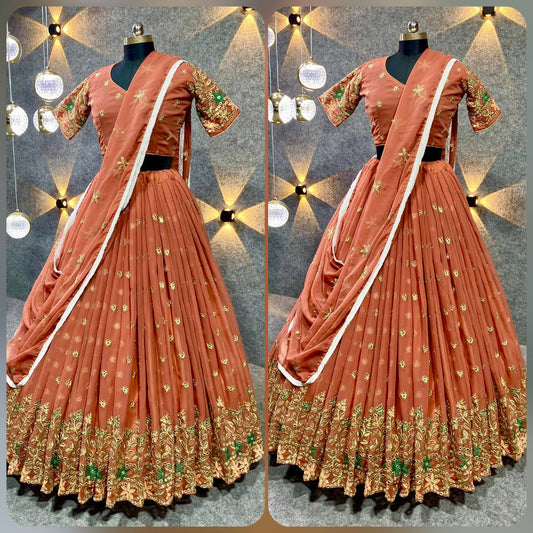 RUST COLORED DESIGNER EMBROIDERED SEQUINS WORK LEHENGA CHOLI