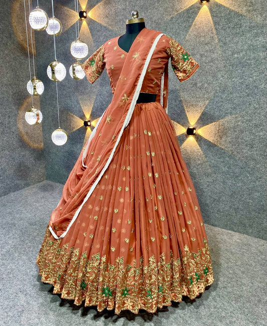 RUST COLORED DESIGNER EMBROIDERED SEQUINS WORK LEHENGA CHOLI