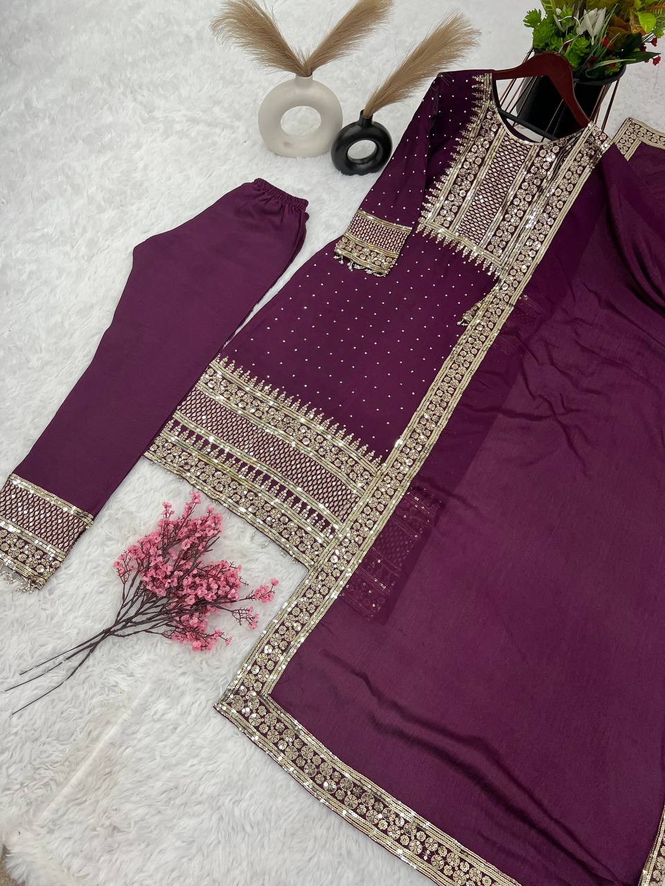 New Collection Heavy Chinon Silk Top-Bottom And Dupatta Set Fully Stitched Ready To Wear