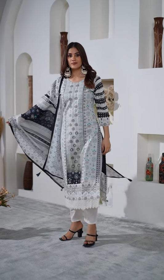 White Color3 pair kurti Suit Set you've described seems to be a party wear outfit