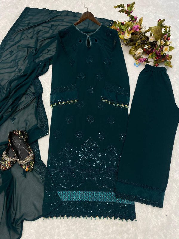 DESIRABLE FANCY FAUX GEORGETTE SEQUENCE EMBROIDERED WORK TOP AND PENT WITH DUPATTA