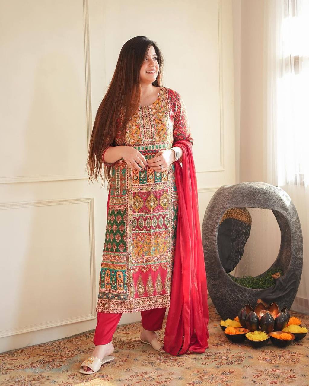 LIGHT WEIGHT SUMMER WEAR MASLIN PRINTED AND REAL MIRROR WORK TOP AND PANT WITH DUPATTA