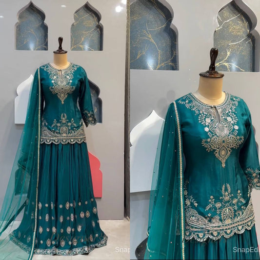 New Designer Long Pakistani Suit Top Sharara and Dupptta In Fancy Style