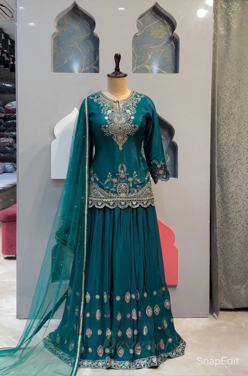 New Designer Long Pakistani Suit Top Sharara and Dupptta In Fancy Style