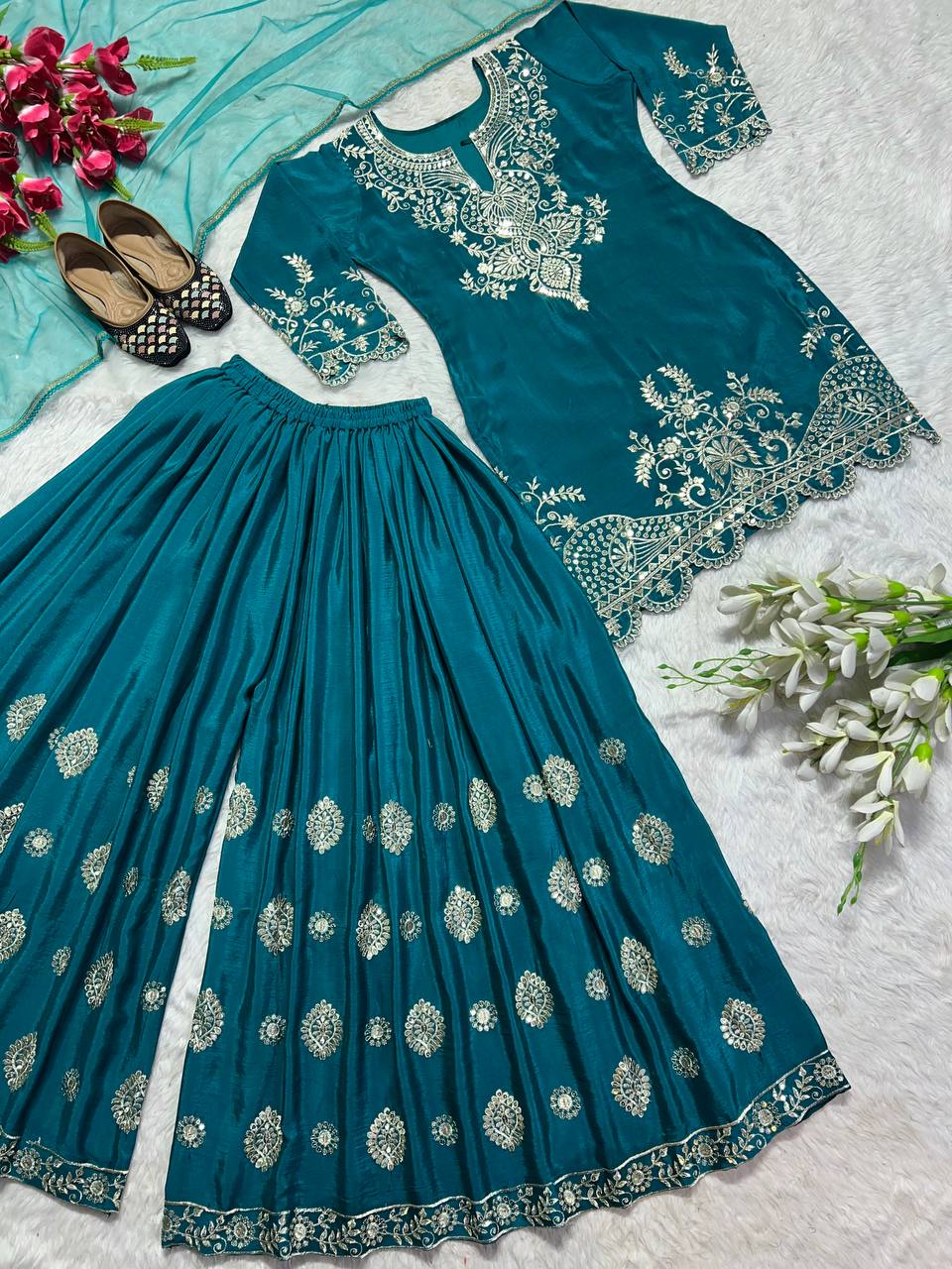 New Designer Long Pakistani Suit Top Sharara and Dupptta In Fancy Style