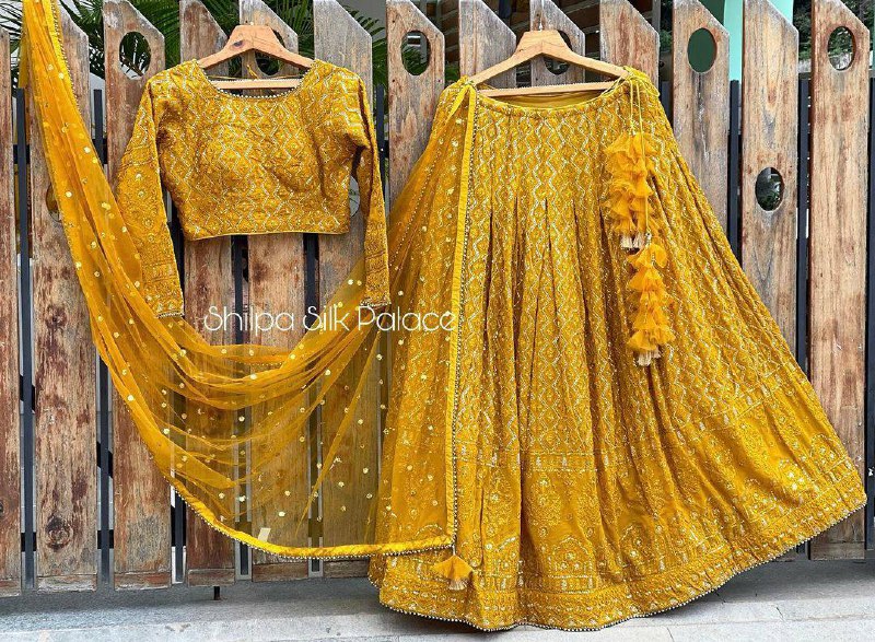 Yellow Colour Embroidered Attractive Party Wear Silk Lehenga choli