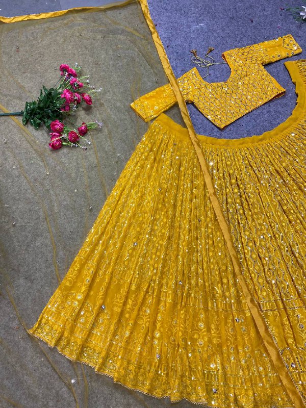 Yellow Colour Embroidered Attractive Party Wear Silk Lehenga choli