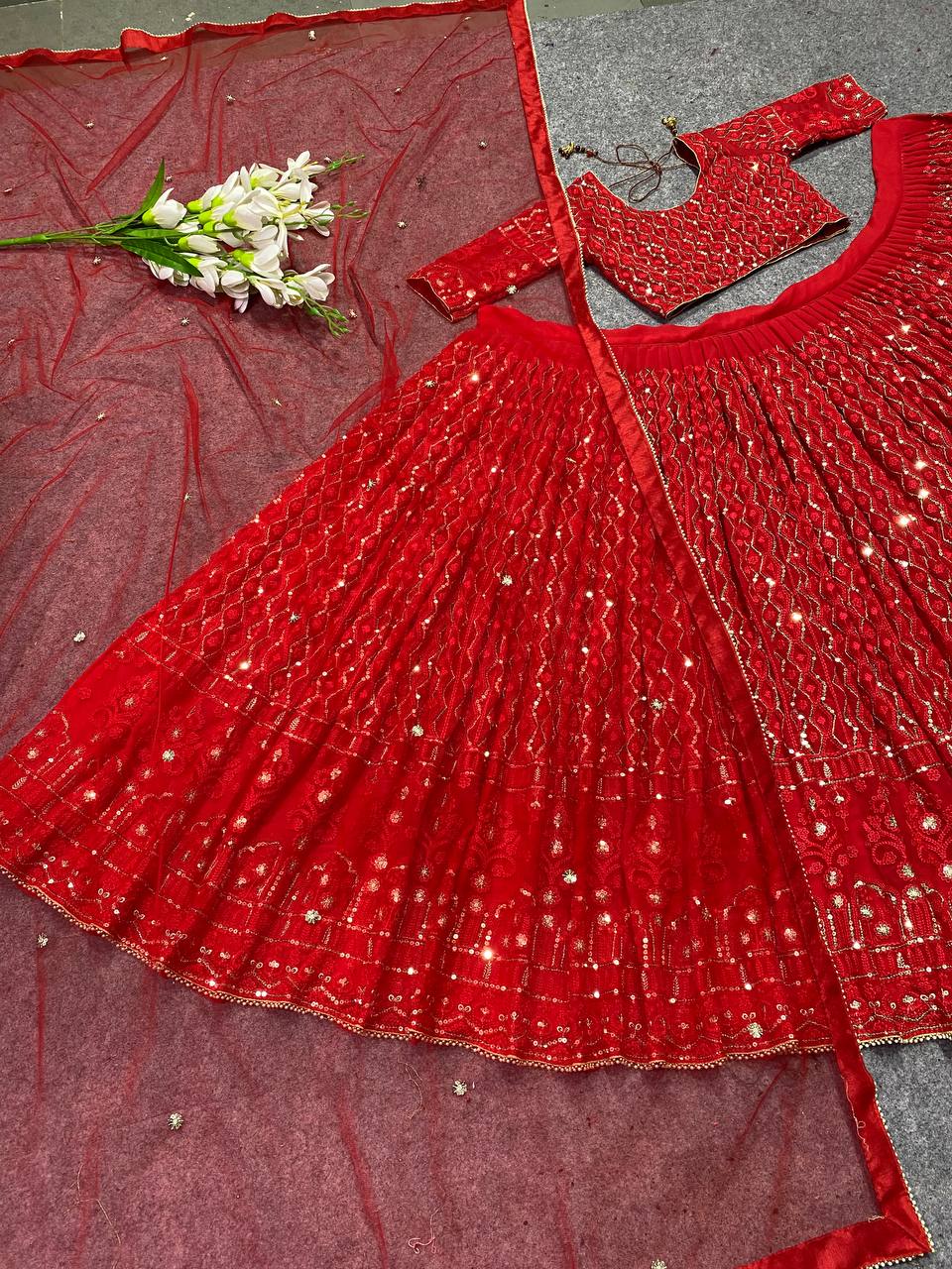 Red Colour Embroidered Attractive Party Wear Silk Lehenga choli