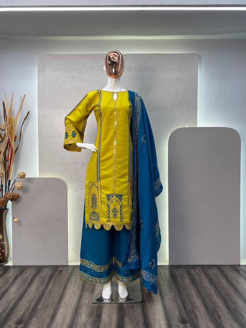 FANCY ROMAN SILK HEAVY SEQUENCE EMBROIDERY WORK SUIT PLAZO AND DUPATTA