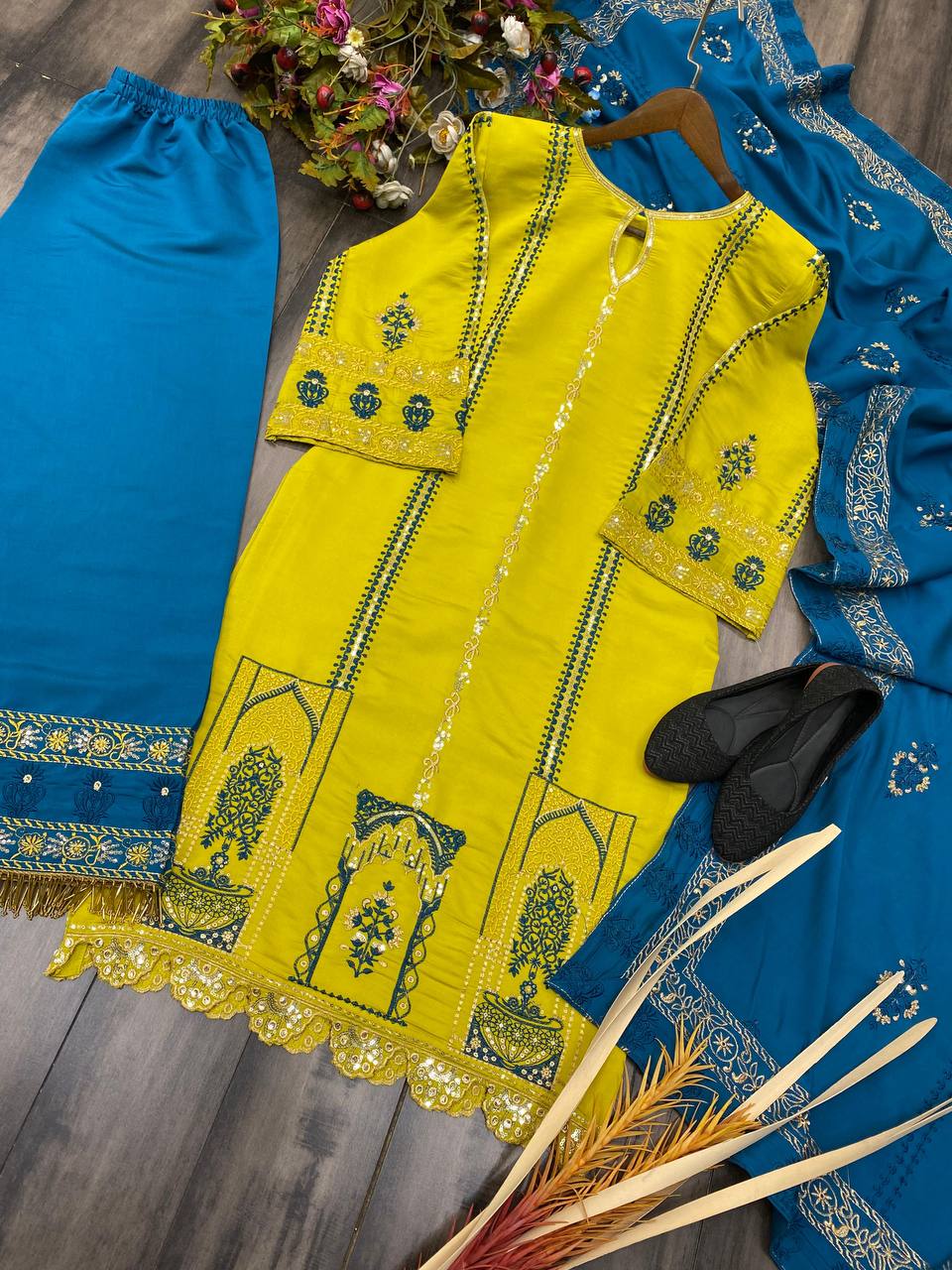 FANCY ROMAN SILK HEAVY SEQUENCE EMBROIDERY WORK SUIT PLAZO AND DUPATTA