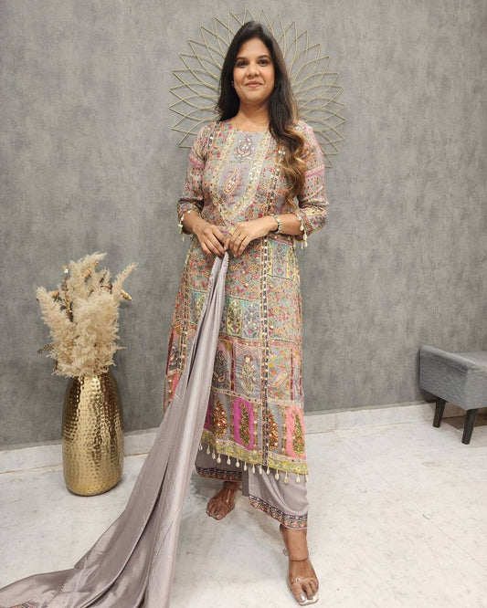 LIGHT WEIGHT SUMMER WEAR MASLIN PRINTED AND COIN WORK TOP AND PANT WITH DUPATTA