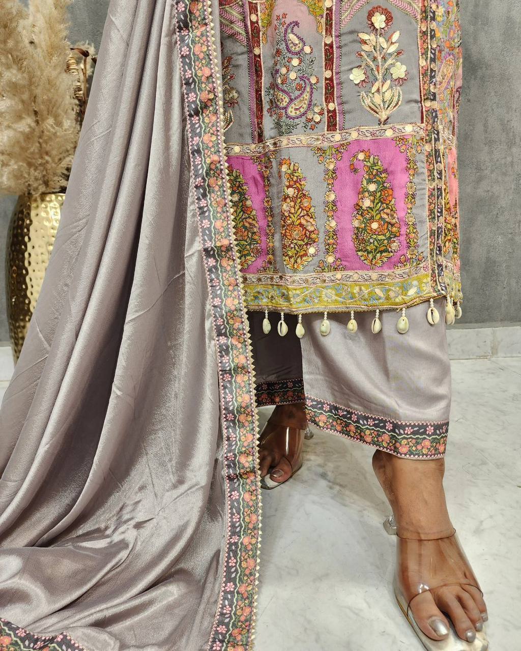 LIGHT WEIGHT SUMMER WEAR MASLIN PRINTED AND COIN WORK TOP AND PANT WITH DUPATTA