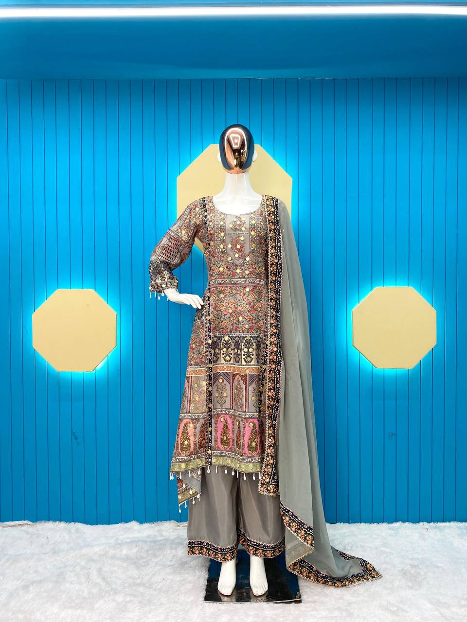 LIGHT WEIGHT SUMMER WEAR MASLIN PRINTED AND COIN WORK TOP AND PANT WITH DUPATTA