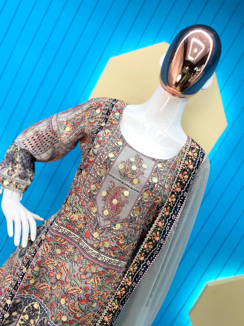 LIGHT WEIGHT SUMMER WEAR MASLIN PRINTED AND COIN WORK TOP AND PANT WITH DUPATTA