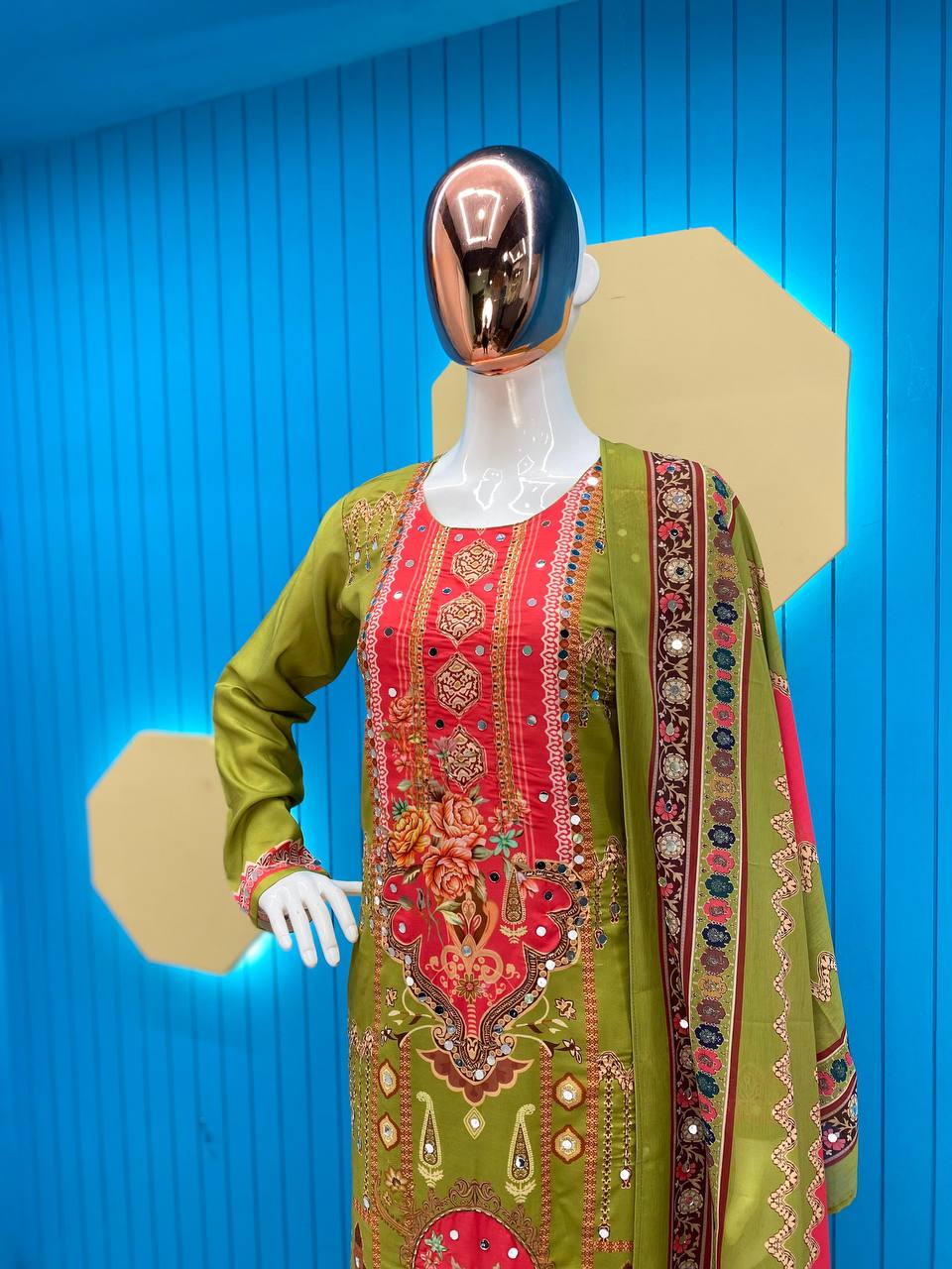 LIGHT WEIGHT SUMMER WEAR MASLIN PRINTED AND REAL MIRROR WORK