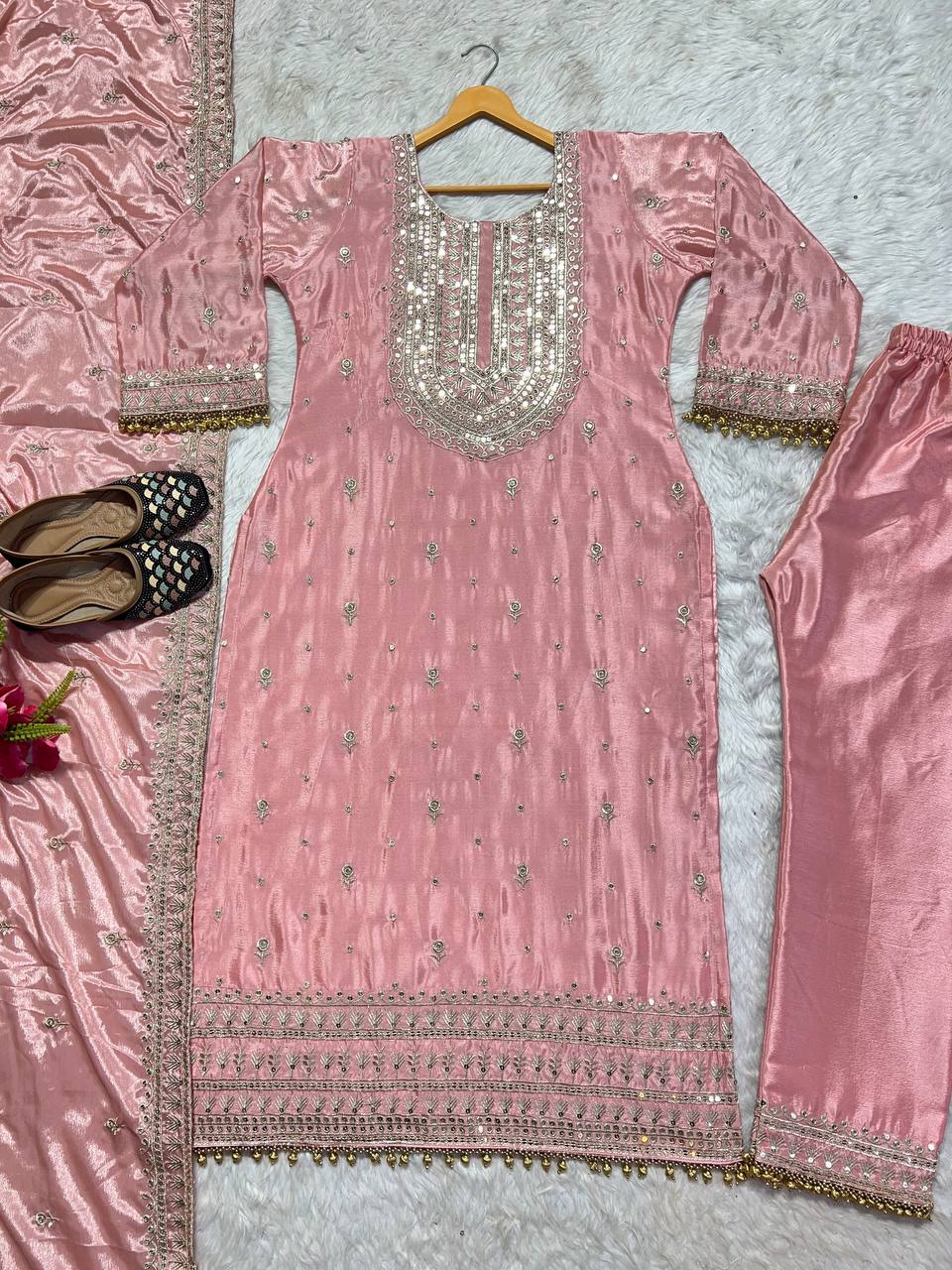 New Designer Long Pakistani Suit Top , Pant and Dupptta In Fancy Style