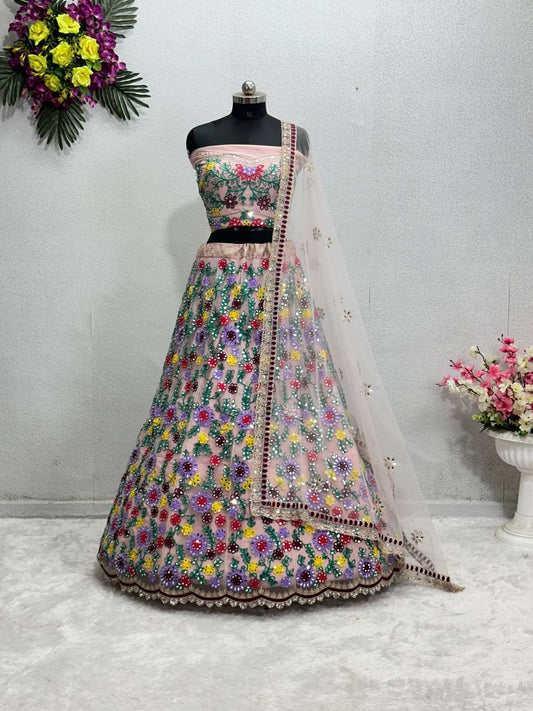 BRIDAL WEAR HEAVY SOFT NET REAL MIRROR WORK LEHENGAS CHOLI WITH DUPATTA