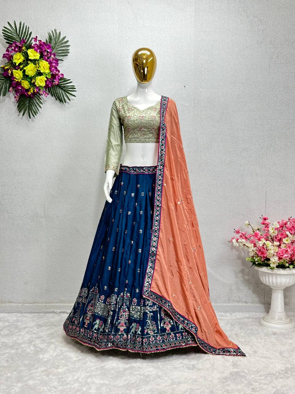 BRIDAL WEAR HEAVY CHINON EMBROIDERY WORK LEHENGAS CHOLI