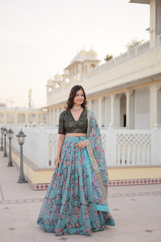 Digital Printed Russian Silk Fabric Lehenga choli