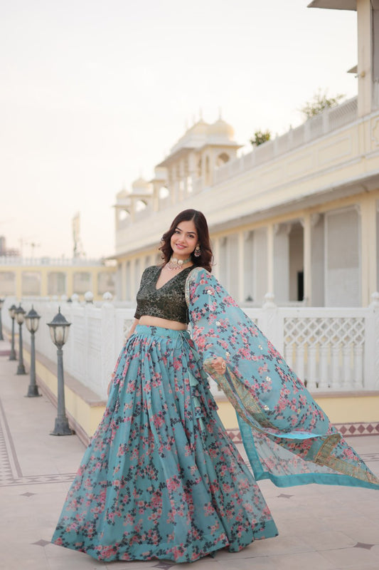 Digital Printed Russian Silk Fabric Lehenga choli