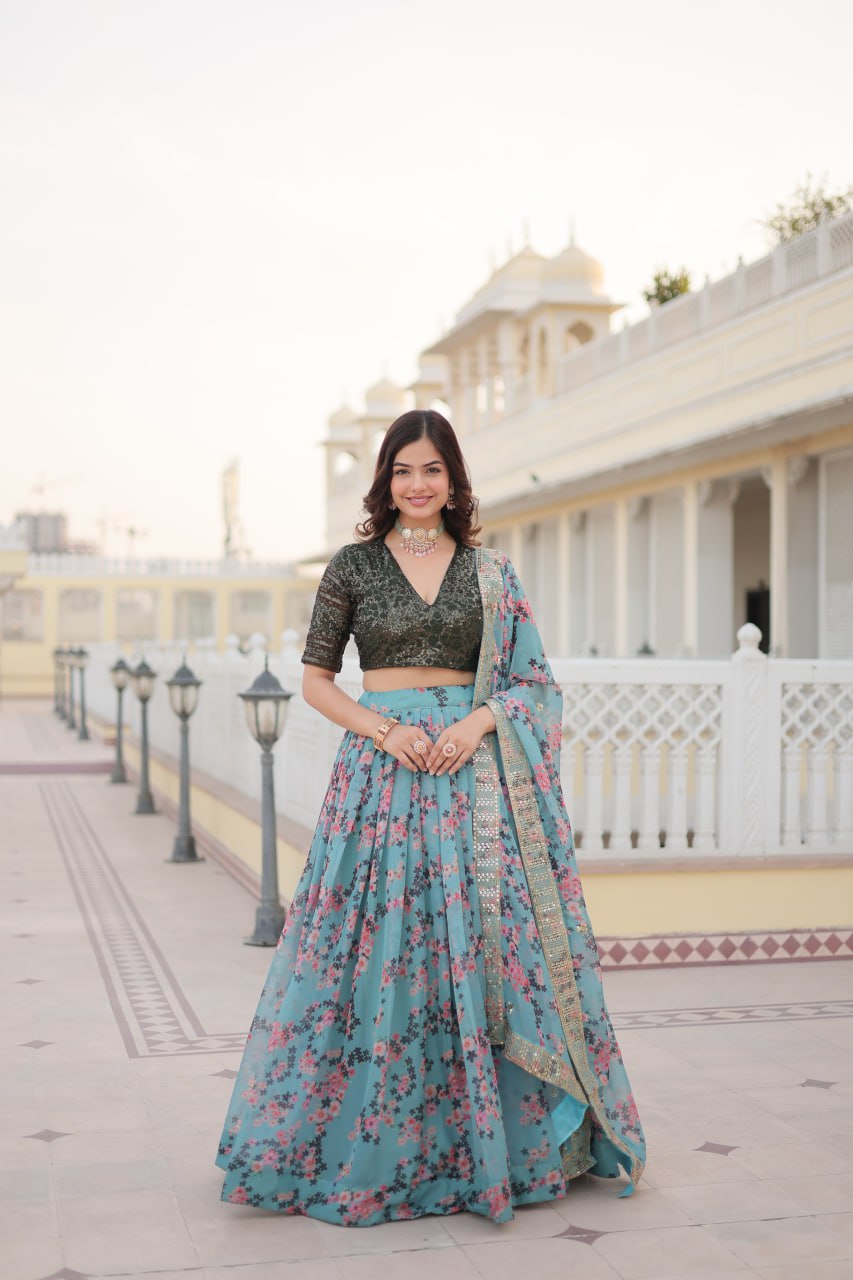 Digital Printed Russian Silk Fabric Lehenga choli