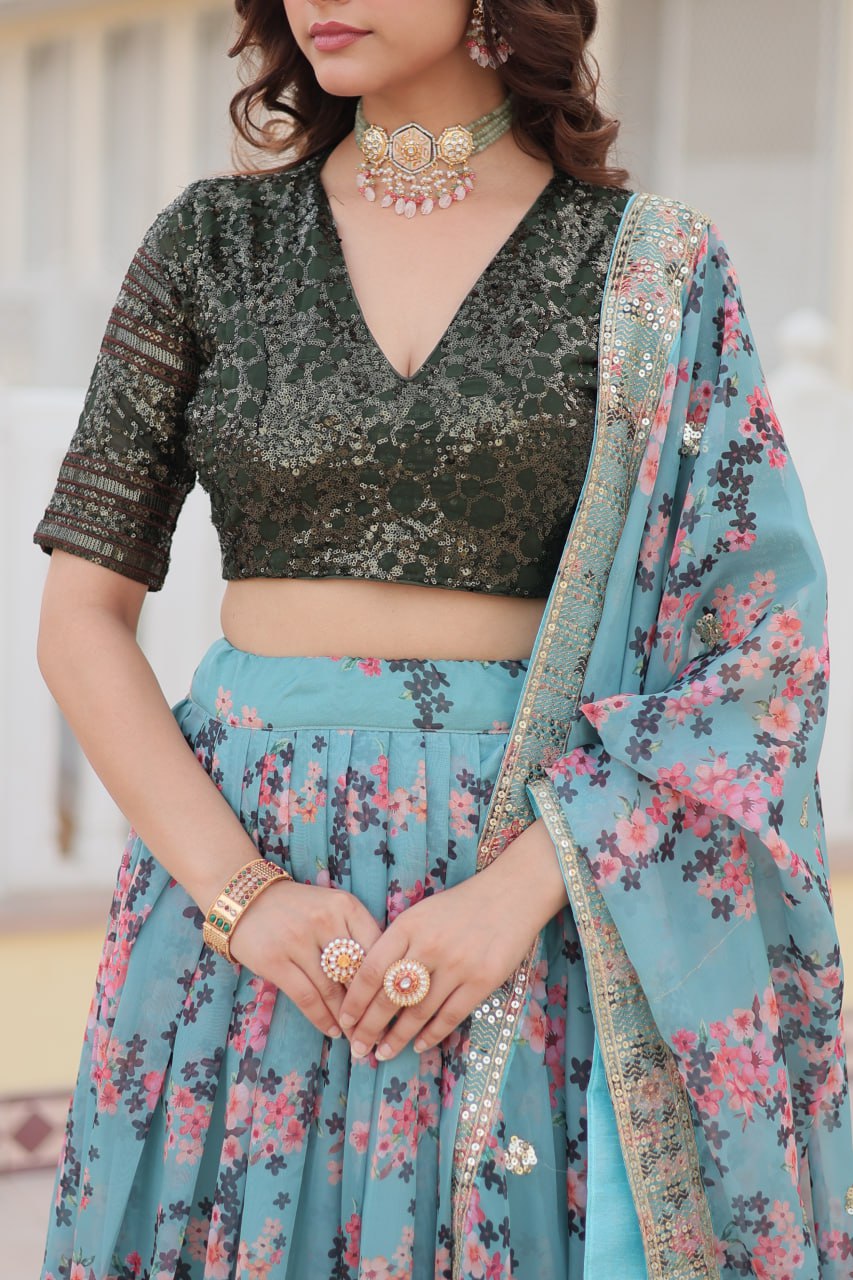 Digital Printed Russian Silk Fabric Lehenga choli