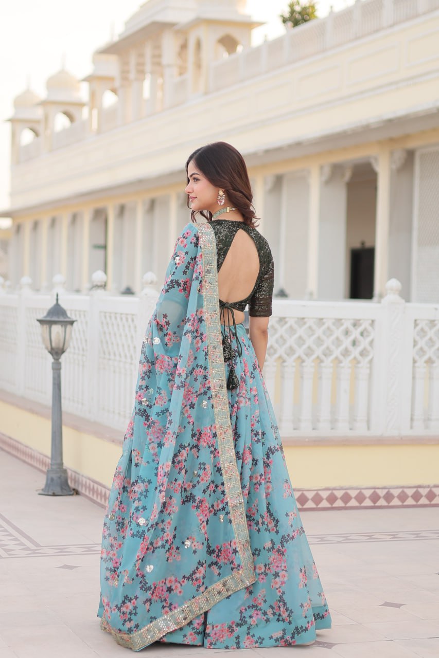 Digital Printed Russian Silk Fabric Lehenga choli