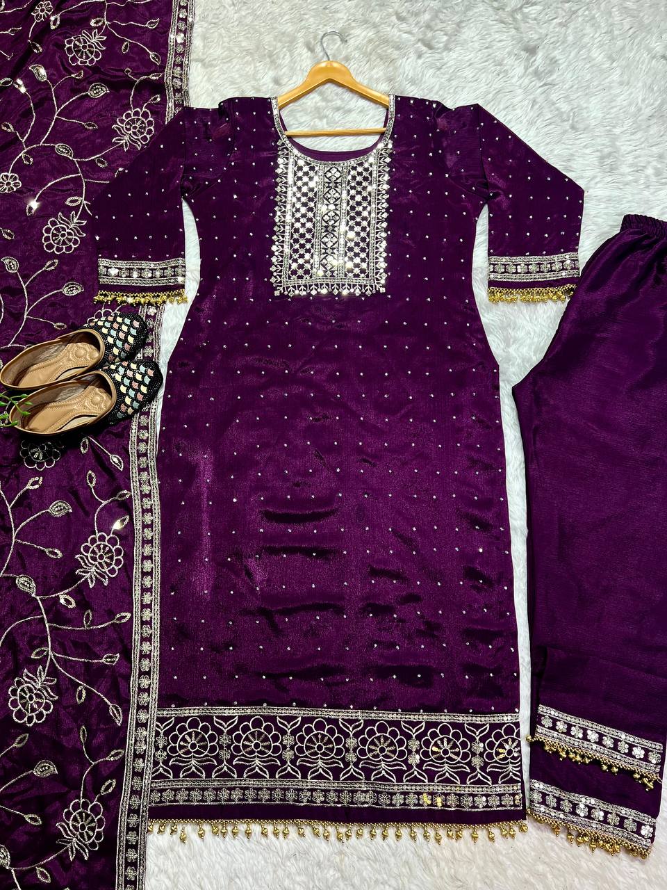 New Designer Long Pakistani Suit Top Pant and Dupptta In Fancy Style