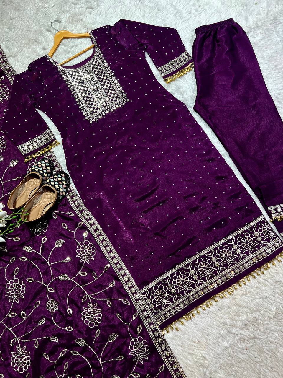 New Designer Long Pakistani Suit Top Pant and Dupptta In Fancy Style