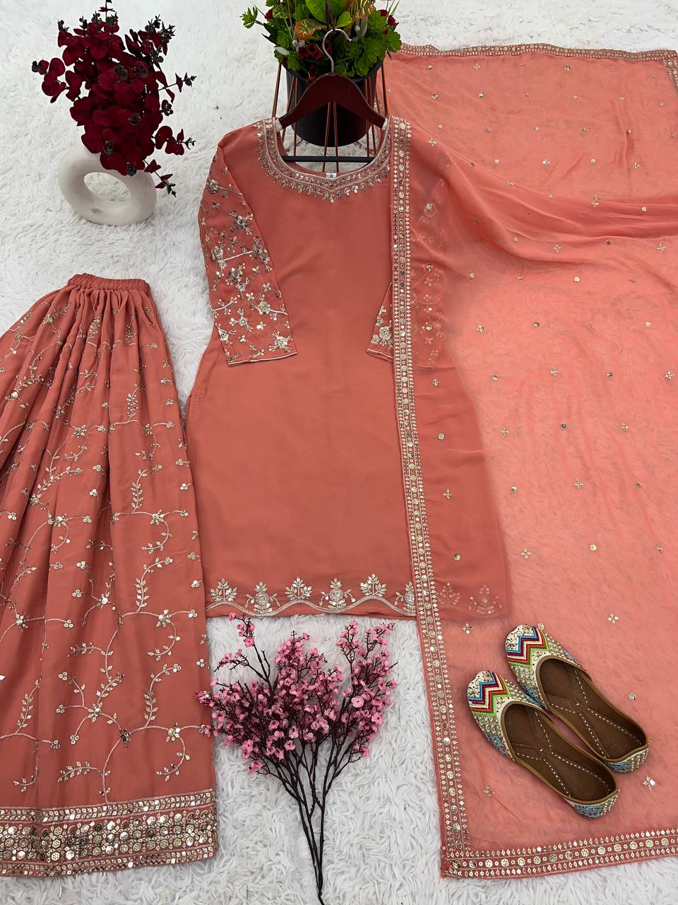 New Designer Party Wear Look Top-Plazzo and Dupatta With Heavy Embroidery Work