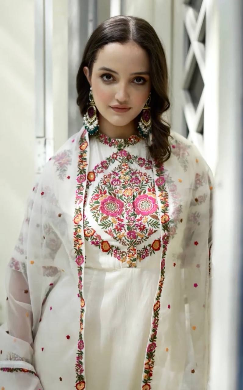 Offwhite Embroidered Attractive Party Wear Fox Georgette Kurti Pant Dup