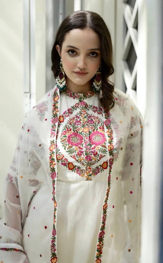 Offwhite Embroidered Attractive Party Wear Fox Georgette Kurti Pant Dup