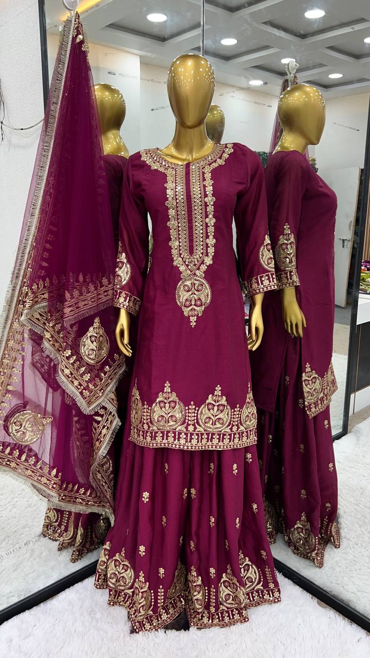 New Collection Heavy Chinon Silk Top-Bottom And Dupatta Set Fully Stitched Ready To Wear