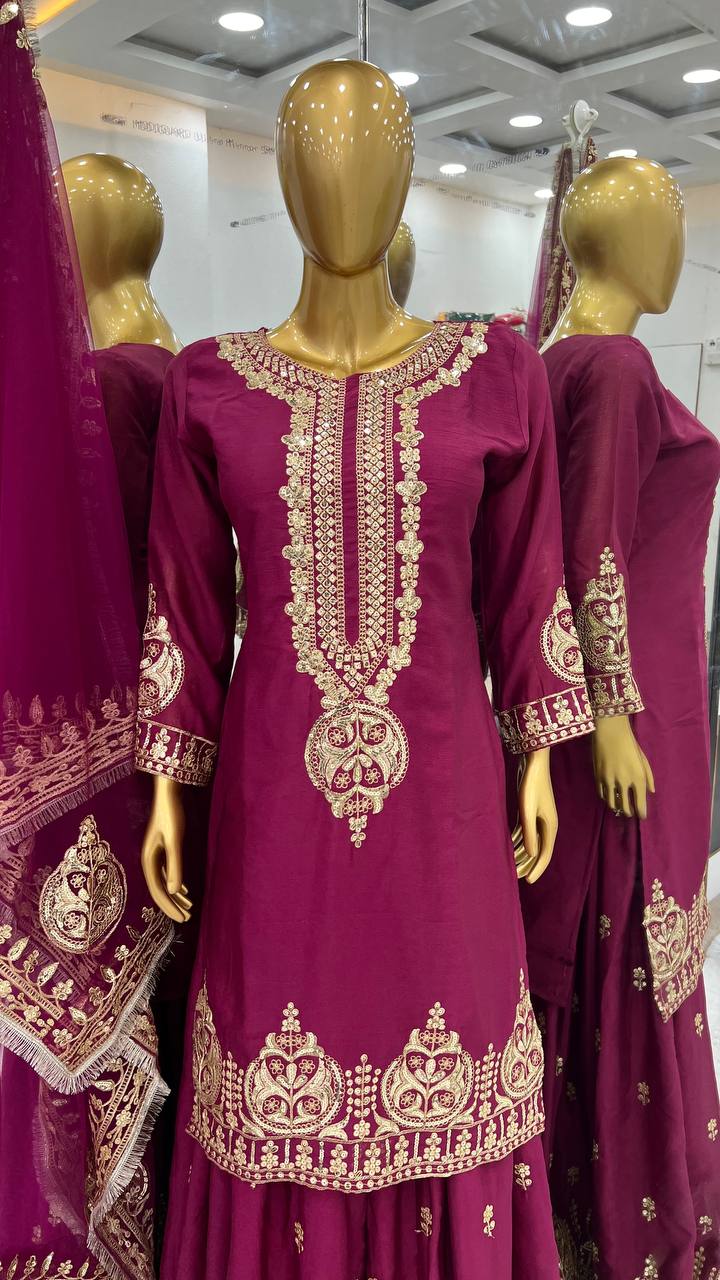 New Collection Heavy Chinon Silk Top-Bottom And Dupatta Set Fully Stitched Ready To Wear