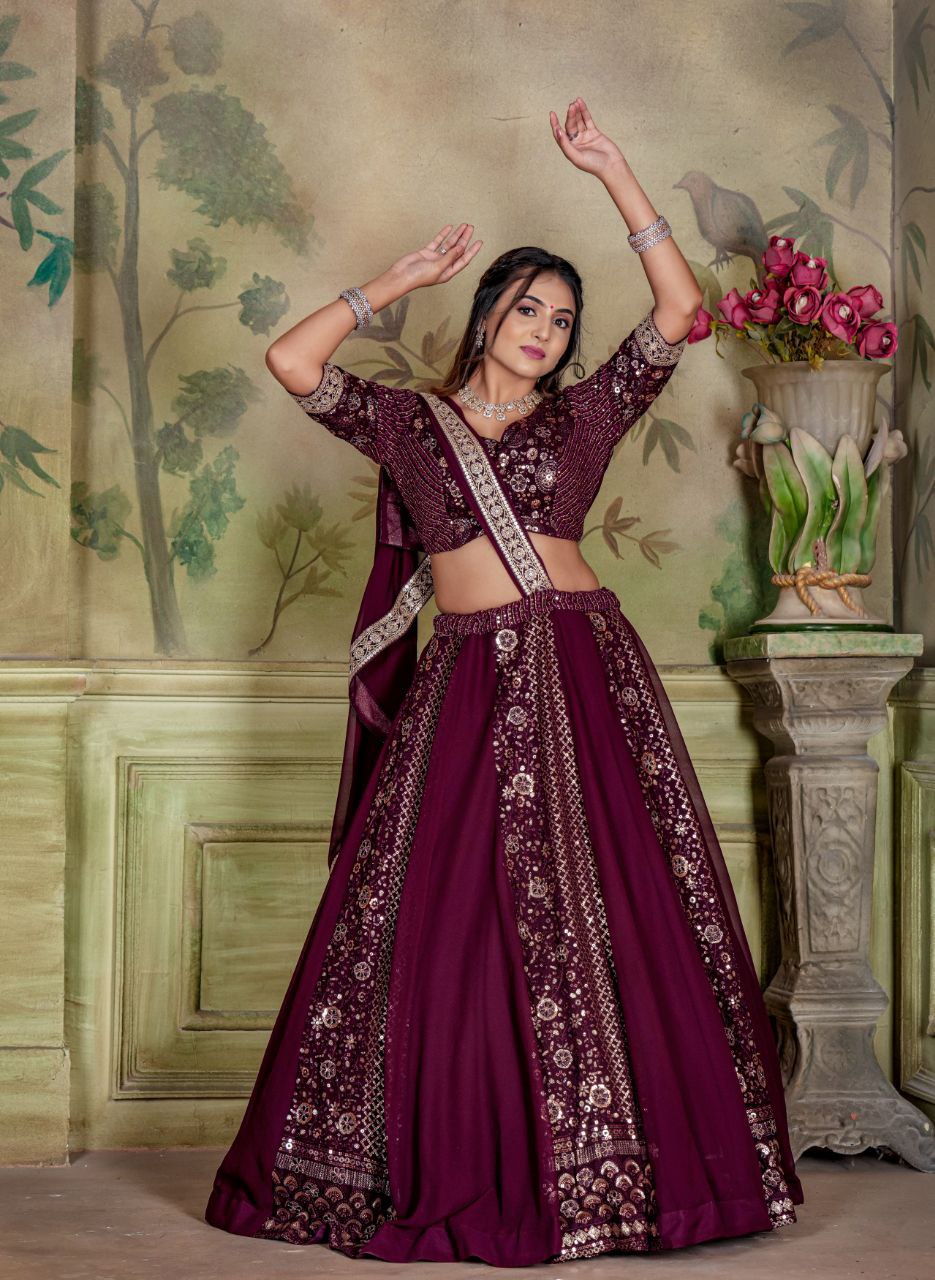 Wine Designer Lehenga* (Full stitched)