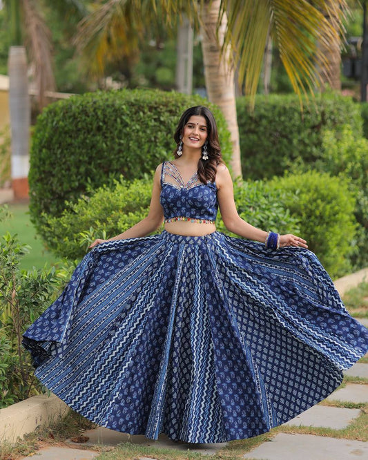 NAVRATRI WEAR BEUTIQUE STYLES PURE MASLIN DESIGNER PRINTED AND REAL MIRROR WITH KODI WORK LEHENGA CHOLI