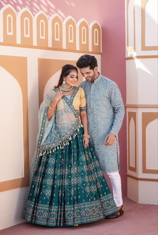 Aqua Green Lahenga Choli (Full Stitched) Couple Set