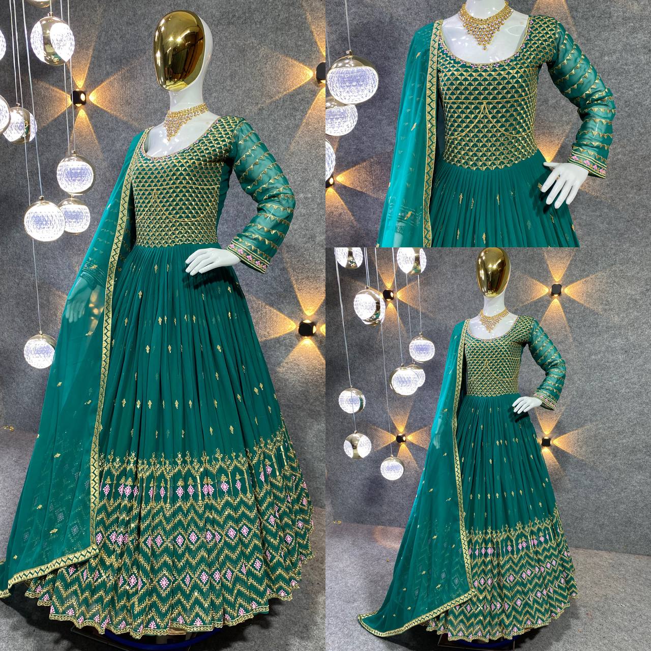 GREEN COLOUR HEAVY GEOGETTE FABRIC GOWN