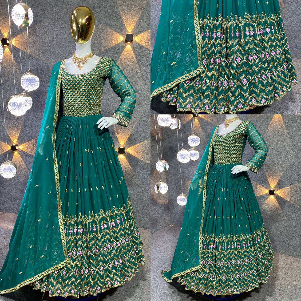 GREEN COLOUR HEAVY GEOGETTE FABRIC GOWN