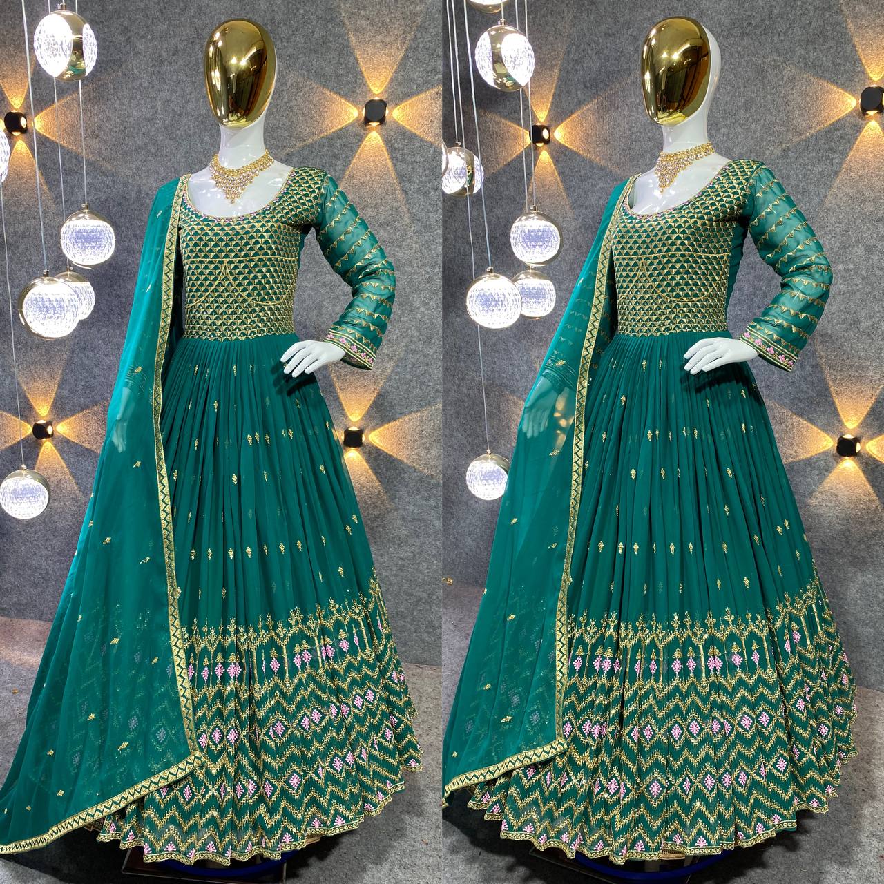 GREEN COLOUR HEAVY GEOGETTE FABRIC GOWN