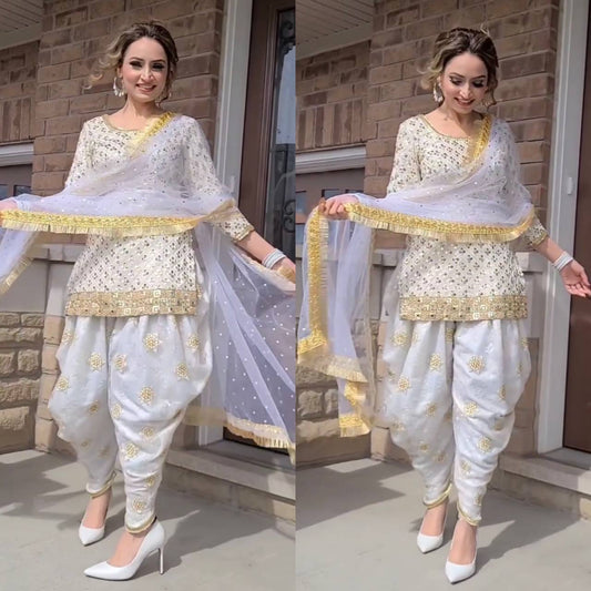 WHITE COLOUR  Designer Party Wear Look Top ,Dhoti Salwar and Dupatta *👌❤️