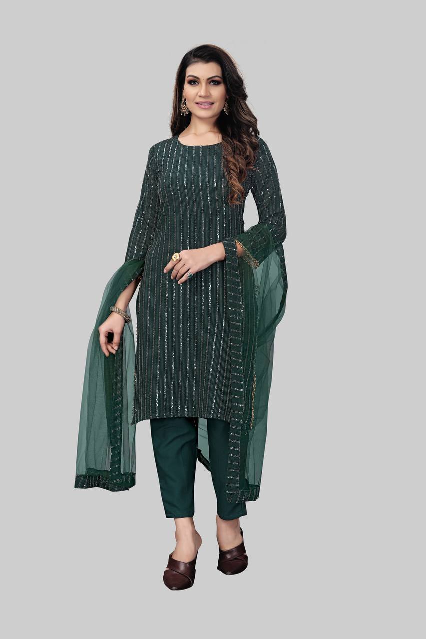 Heavy Faux Georgette with 3mm Sequins Embroidery work_GREEN COLOUR