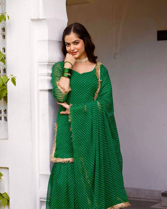 GREEN  COLOUR GOOGETTE FABRIC MILL FABRIC  SHARARA SUIT