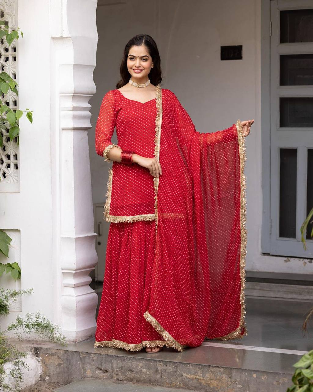 RED COLOUR GOOGETTE FABRIC MILL FABRIC  SHARARA SUIT