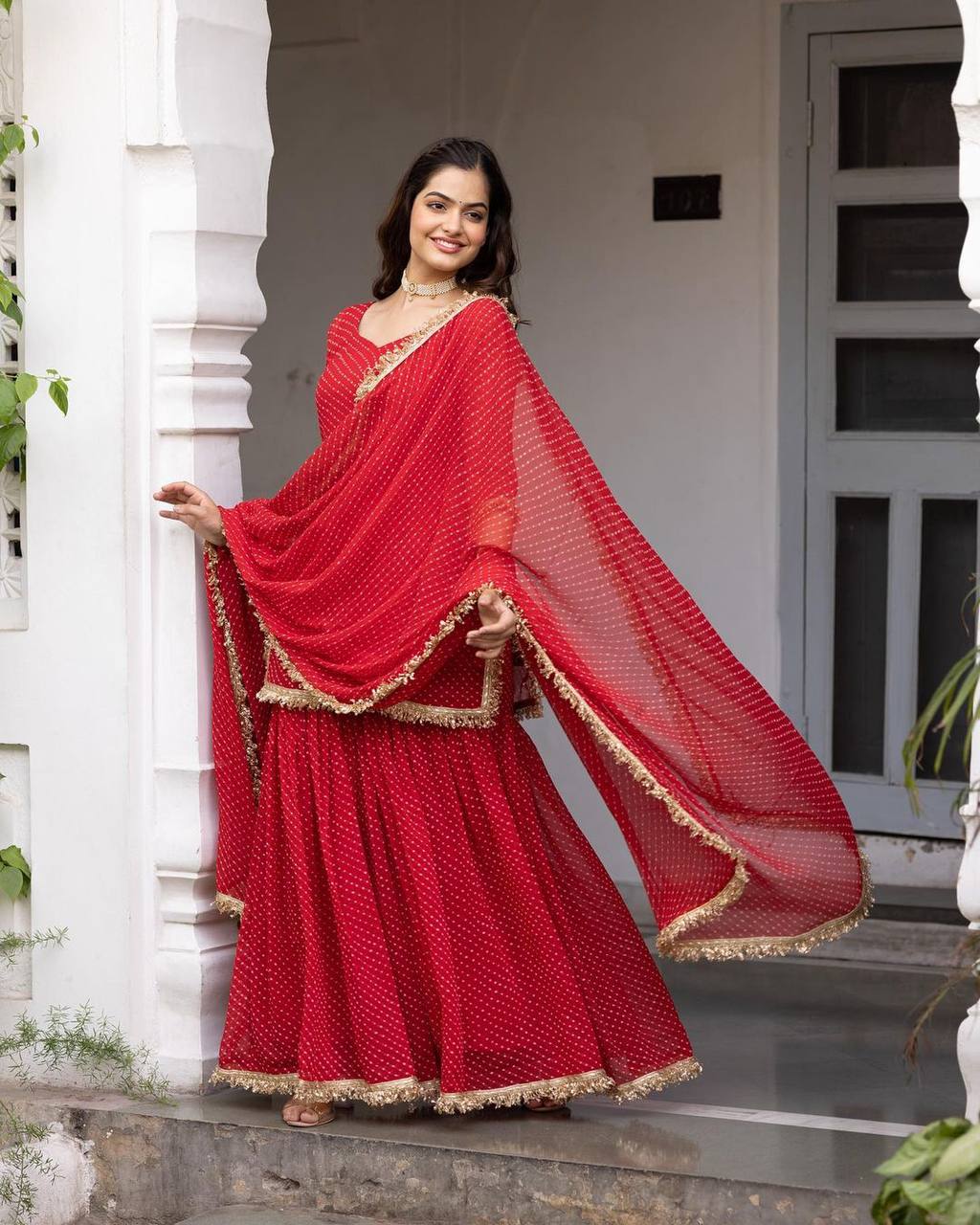 RED COLOUR GOOGETTE FABRIC MILL FABRIC  SHARARA SUIT